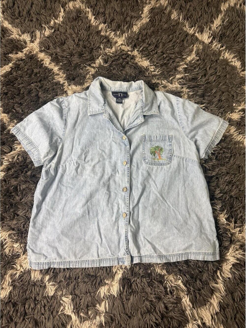 Vintage 90s Original TY Wear Shirt Women’s 20W Blue Denim Button Down Palms Tree